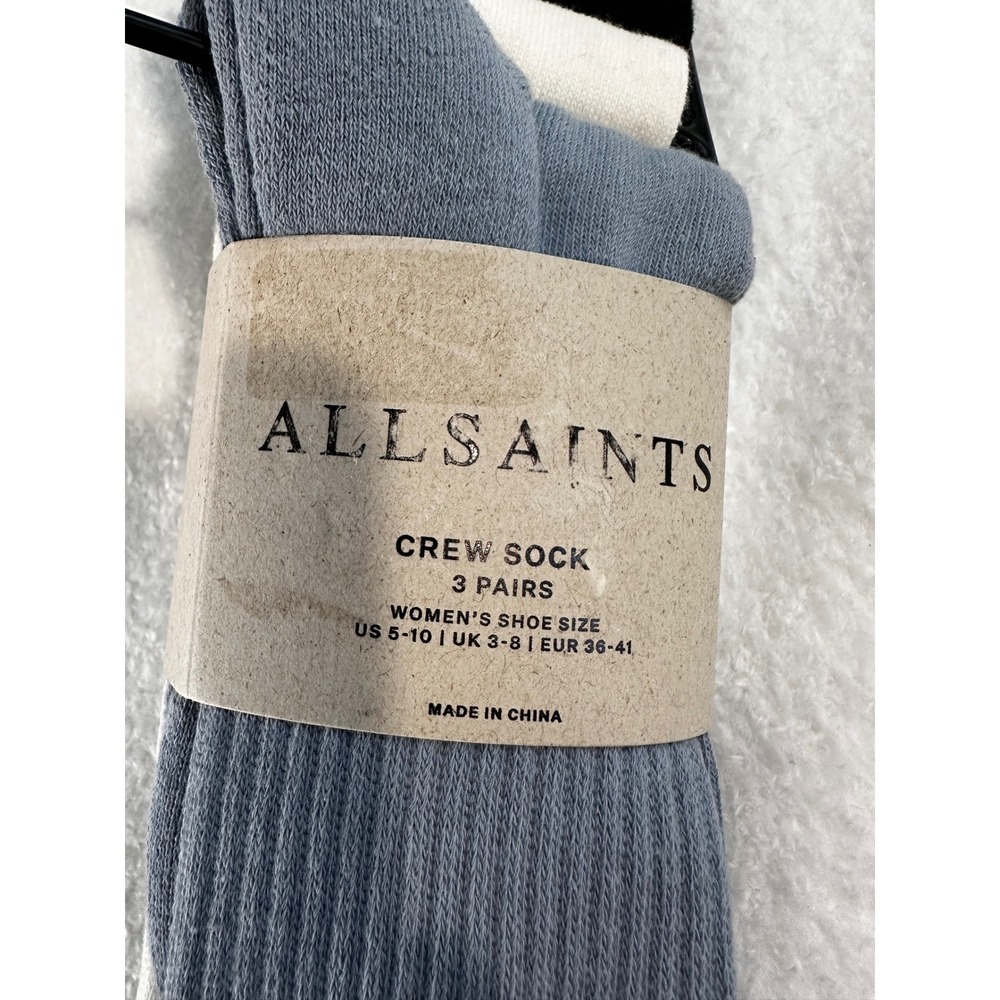 AllSaints Crew Sock 3 Pairs Womens Blue White Black Logo Ribbed Knit 5-10 NEW - Picture 2 of 4